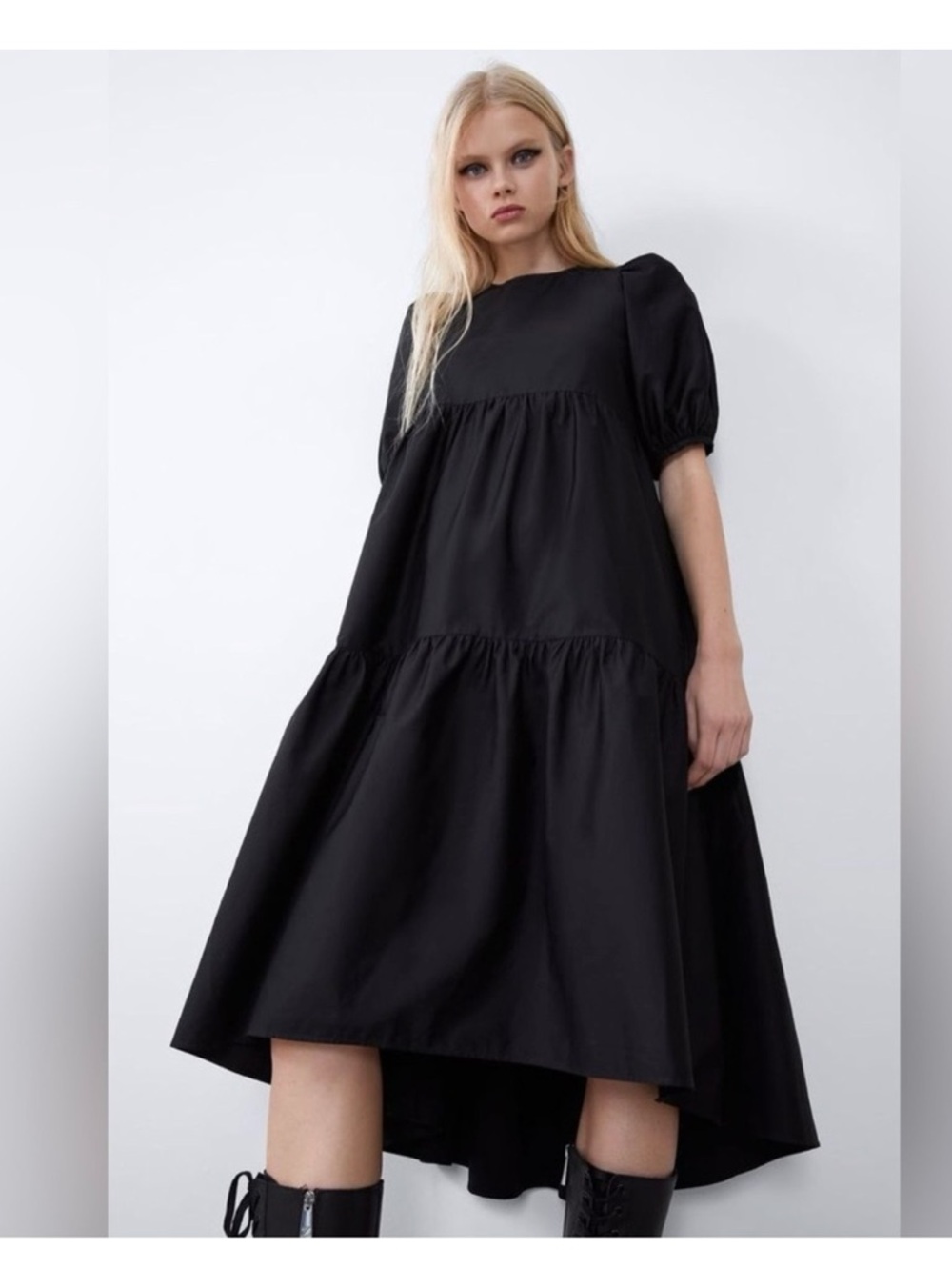 Zara Puff Sleeve Tiered Cotton Sateen Midi Dress, Sz M